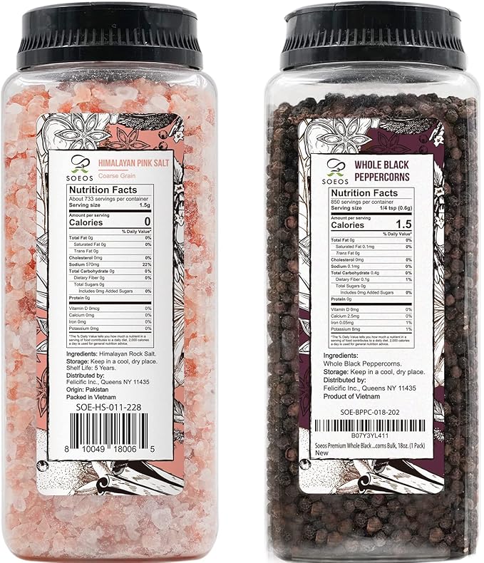 Soeos Himalayan Pink Salt 39 oz + Whole Black Peppercorns 18 oz, Coarse Grain, Kosher Salt for Grinder Refill, Salt and Pepper Grinder, Non-GMO Verified, Spice Seasoning Set for Cooking