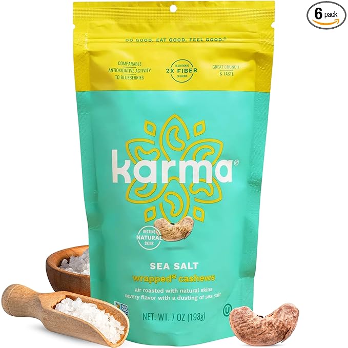 Sea Salt Wrapped Whole Cashews by Karma Nuts, Air Roasted with Natural Skins, 2X more Fiber, Whole 30, Peanut-Free Facility, Kosher, Everyday Nut Snack, 7oz Resealable Bag - 6 pack