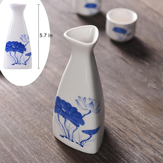 Ceramic Sake Set, Ceramic Soju Set, Japanese Sake Set Traditional, Saki Cup Set with 1 Tokkuri Bottle (5 oz) and 6 Ochoko Cups (1.2 oz), Japanese Glazed, for Hot or Cold Sake