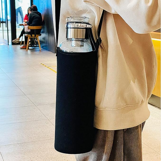 2L Glass Water Bottle with Strap Outdoor Travel Sports Portable Leak Proof Beverage Tea Glass Bottle (Glass,2000ml)
