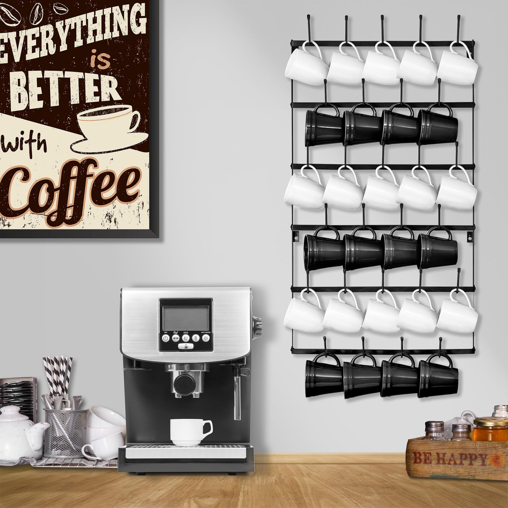 Sorbus Mug Rack for Wall - Large Rustic Coffee Mug Holder Wall Mount with 27 Hooks, Coffee Cup