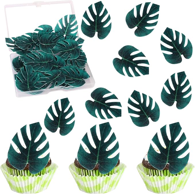 Rsstarxi 48 Pack Edible Tropical Turtle Leaves Cupcake Toppers, Edible Tropical Palm Leaves Cake Decorations for Hawaii Theme Jungle Baby Shower Birthday Party Decorations Supplies