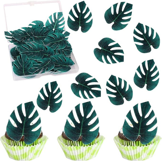 Rsstarxi 48 Pack Edible Tropical Turtle Leaves Cupcake Toppers, Edible Tropical Palm Leaves Cake Decorations for Hawaii Theme Jungle Baby Shower Birthday Party Decorations Supplies