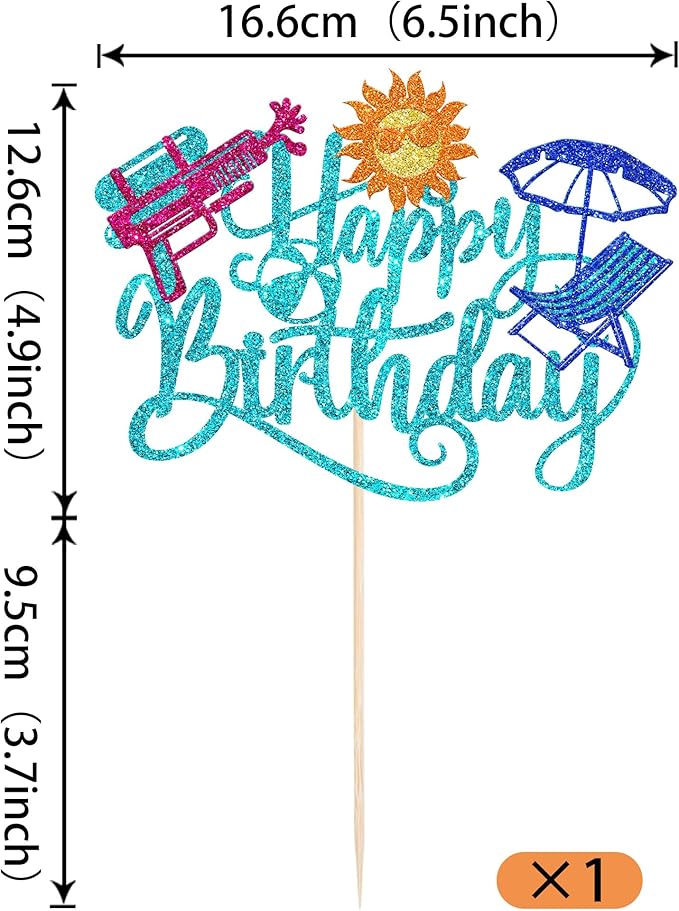 1 Pack Summer Beach Happy Birthday Cake Topper Tropical Hawaiian Water Gun Cake Pick Glitter Umbrella Pool Holiday Cupcake Decoration for Summer Baby Shower Birthday Party Supplies Blue