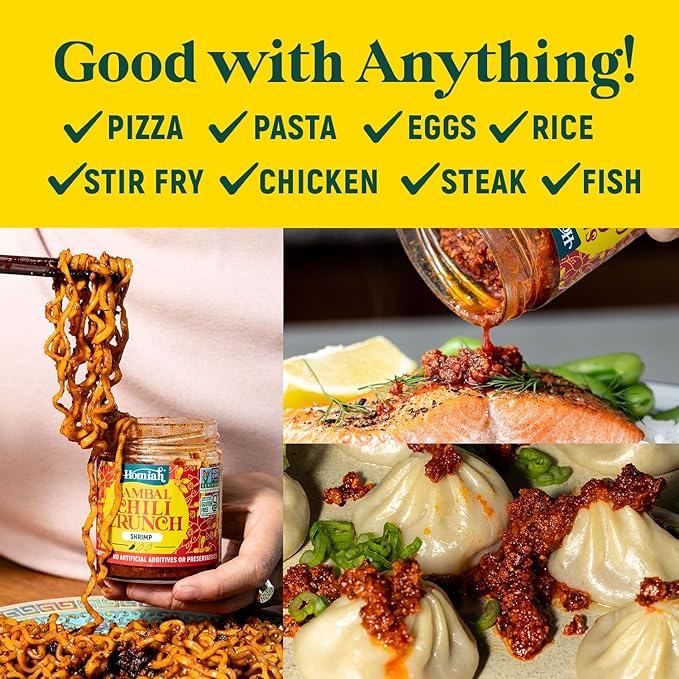 Homiah Sambal Chili Crunch, Shrimp, 6oz - Less Oil Low Sodium Gluten Free Non-GMO, Sambal Oelek Chili Paste, Shrimp Paste, Crispy Chili Crunch Topping ??Mild