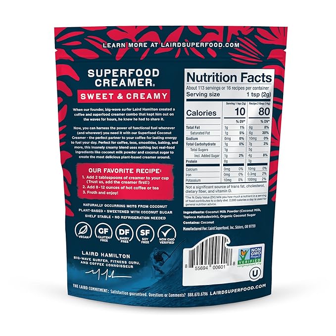 Laird Superfood Non-Dairy Superfood Creamer - Coconut Powder Coffee Creamer - Sweet & Creamy - Gluten Free, Non-GMO, Vegan - 8 oz. Bag, Pack of 1