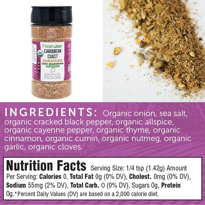FreshJax® Organic Caribbean Jerk Seasoning ??Low Sodium 5.6 oz | Authentic Jamaican Jerk Spice Blend & Dry Rub | Non-GMO, Gluten-Free, Keto, Paleo | No Preservatives | Caribbean BBQ Marinade