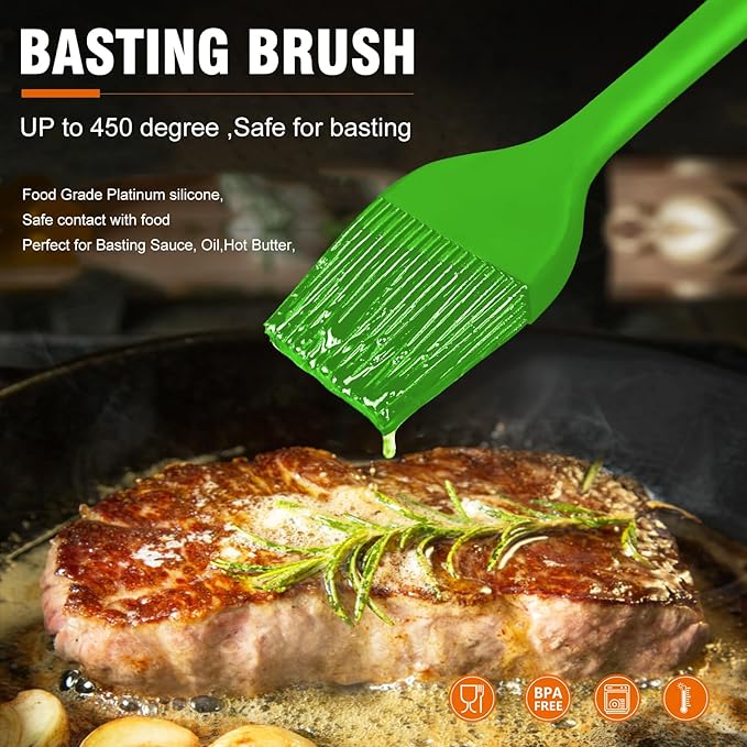 Walfos Silicone Basting Pastry Brush, Heat Resistant Pastry Brush Set, Strong Steel Core and One-Pieces Design, Perfect for BBQ Grill Baking Kitchen Cooking,BPA Free and Dishwasher Safe,2Pcs (green)