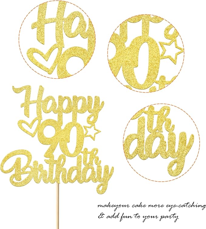 1 Pack Happy 90th Birthday Cake Topper Glitter Heart Star 90 Fabulous Cake Pick Birthday Sign Cake Decorations for Children 90th Birthday Theme Party Supplies Gold