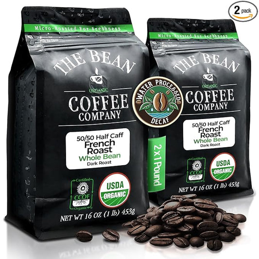 The Bean Organic Coffee Company 50/50 French Roast, 50% Decaf, Dark Roast, Whole Bean Coffee, 16-Ounce Bag (Pack of 2), USDA Organic Certified