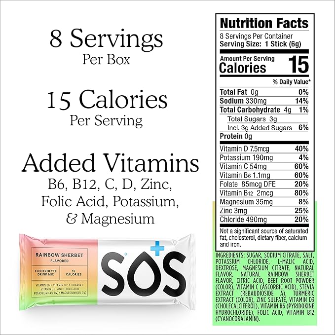 SOS Hydration Electrolyte Powder 8 Stick Packs ??Low-Calorie, Rapid Rehydration, Made in USA, Keto (8 Servings, Rainbow Sherbert)