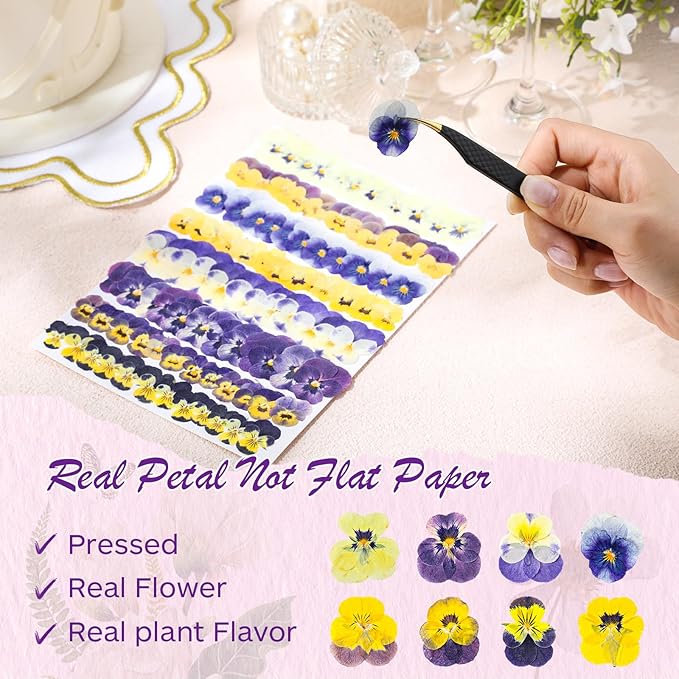 96 Pcs Natural Dried Pressed Edible Flowers for Cake Topper Decorating Cupcake Toppers Cocktails Resin Jewelry Making DIY Art Crafts(Purple,Flower Style)