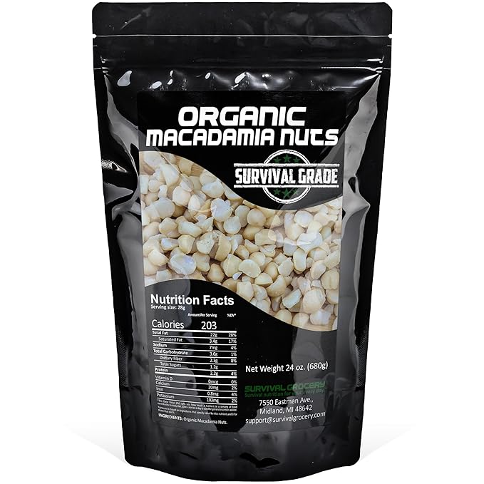 Survival Grocery® Organic Macadamia Nuts – Keto-Friendly Healthy Fats & Plant Protein, Oxygen- & Light-Barrier Packaging + O₂ & Moisture Packs, (Single or Multi-Pack Savings) (24 oz./1 Bag)