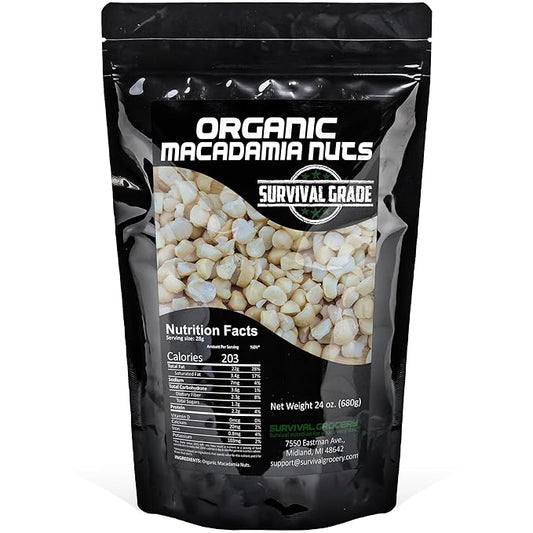 Survival Grocery® Organic Macadamia Nuts – Keto-Friendly Healthy Fats & Plant Protein, Oxygen- & Light-Barrier Packaging + O₂ & Moisture Packs, (Single or Multi-Pack Savings) (24 oz./1 Bag)