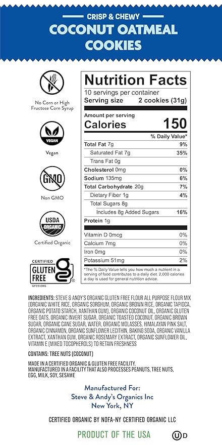 Steve & Andy???Crunchy, Chewy Coconut Oatmeal Cookies -Organic, Gluten Free, Non-Gmo, Vegan, Dairy Free, Nut Free, Egg Free, Wheat Free, Soy Free, Plant-Base??16.5 Oz, 3 Boxes (30 Cookies)
