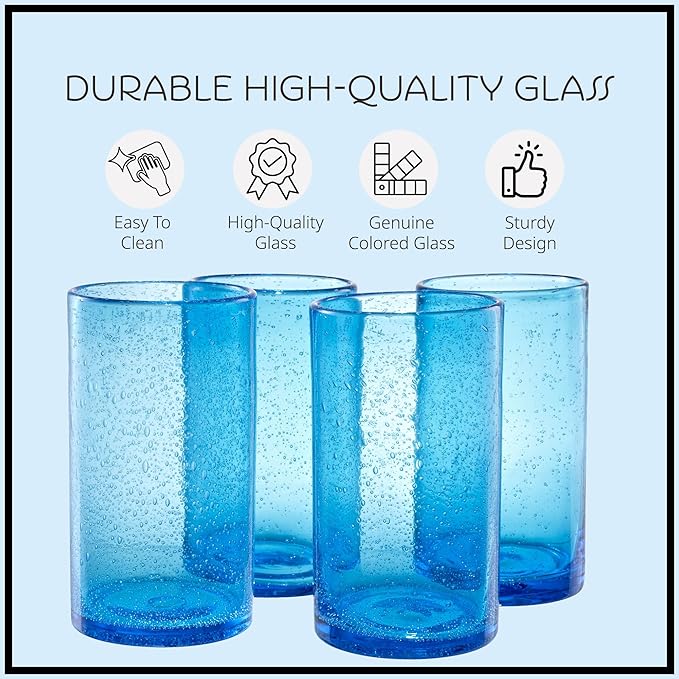 Artland 17oz Highball Tumbler, Set of 4 | Iris Seeded Design, Turquoise | Drinking Glass for Parties and Everyday Use - Mojito, Whiskey, Cocktail | Glassware & Kitchenware Essentials