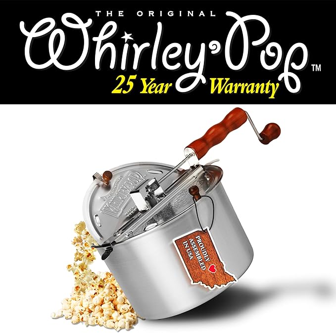 Original Whirley Pop Popcorn Popper with Kernels ??6-Quart Silver Popcorn Maker, Fast & Easy-to-Use Snack Machine for Movie Nights, Durable Aluminum Stovetop Popper with Metal Gears
