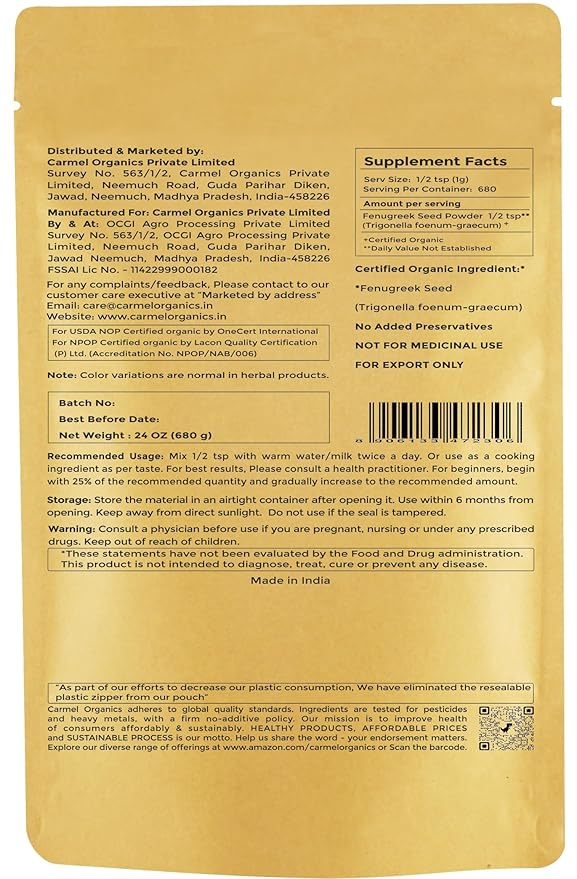 CARMEL ORGANICS Fenugreek |Methi Seeds (Powder, 24 Ounce or 1.5 Lbs)(Pack of 1) | USDA Certified Organic | Non-Gmo | No Added Preservatives | Indian Origin Fenugreek Seeds