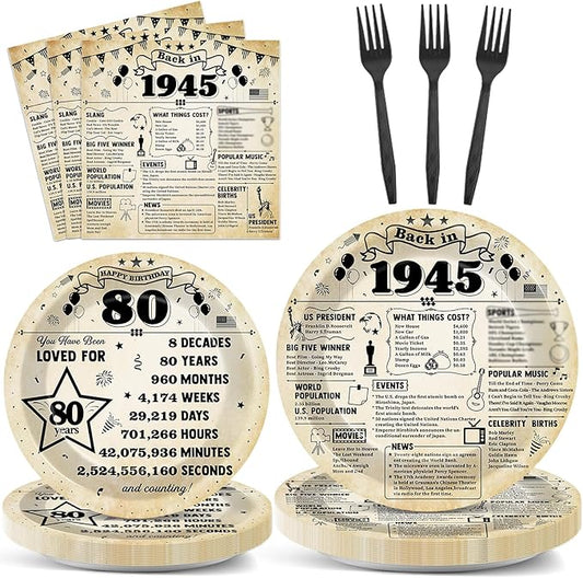 96Pcs Back in 1945 Birthday Plates and Napkins 80th Party Decorations Vintage 80 Year Old Party Dessert Plates 1945 Tableware for 24 Guests 80th Theme Men Women Birthday Supplies ??"<div>