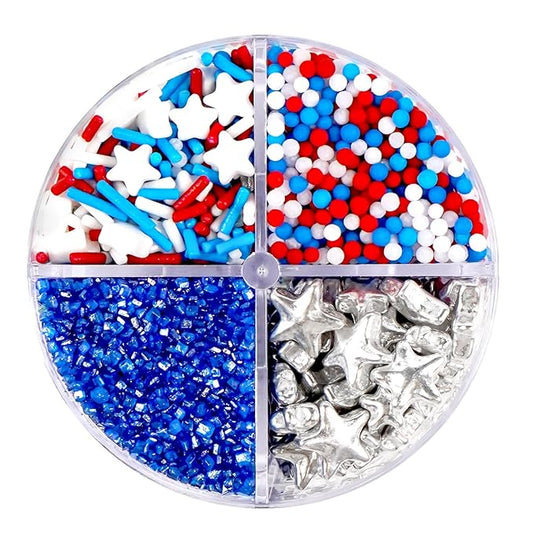 4th of July Sprinkles, Patriotic Sprinkle, Red White and Blue Sprinkles for Cupcakes Cake Decorating, Silver Star Mix, 160g/5.64oz, Cake Decorations, Baking Ice Cream Toppings