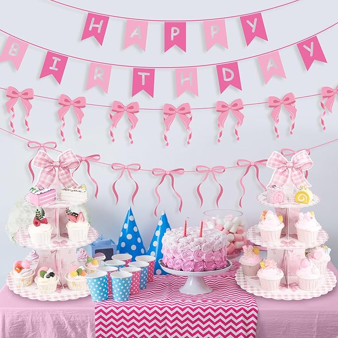 2 Pack Pink Bow Birthday Decorations Bow Cupcake Stand Coquette Theme Birthday Decorations for Women Girls Bachelorette Bridal Engagement Wedding Baby Shower Supplies