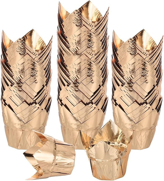 uxcell 100 Pcs Tulip Cupcake Liners, Muffins Liners Aluminum Foil Cupcake Wrappers Baking Cups Muffins Liners for Wedding Birthday Party Supplies, Champagne Gold