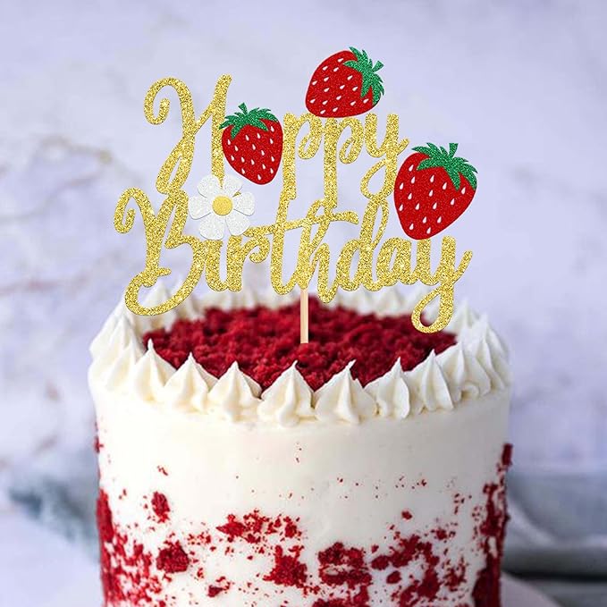 1 Pack Happy Birthday Cake Topper Glitter Strawberry Cake Pick for Fruit Theme Baby Shower Kids Birthday Party Strawberry Fruit Party Cake Decorations Supplies Gold