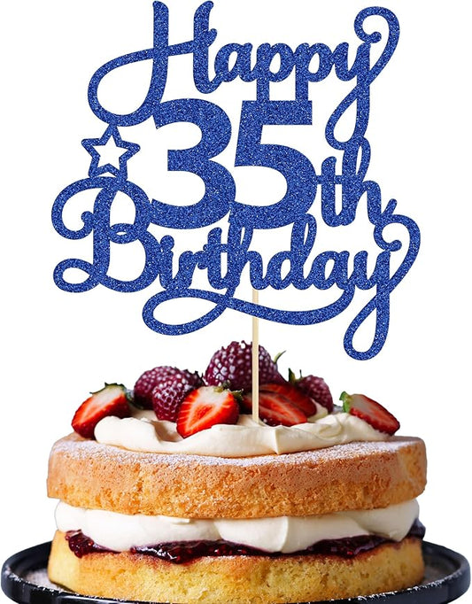 1 Pack Happy 35th Birthday Cake Topper Blue Glitter 35 & Fabulous Cheers to 35 Years Old Birthday Cake Pick for Celebrating 35th Birthday Anniversary Party Cake Decorations Supplies