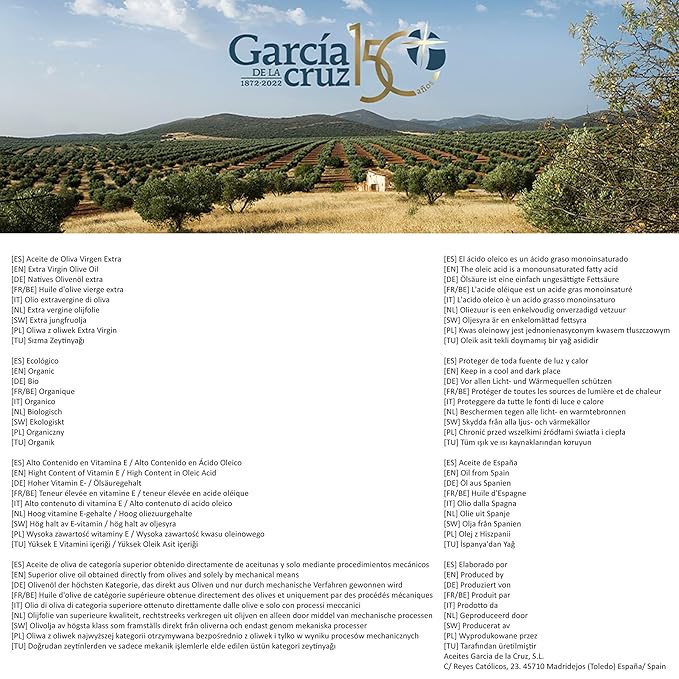 García de la Cruz - Organic Extra Virgin Olive Oil, Montes de Toledo, Recycled PET Packaging, Can of 5L