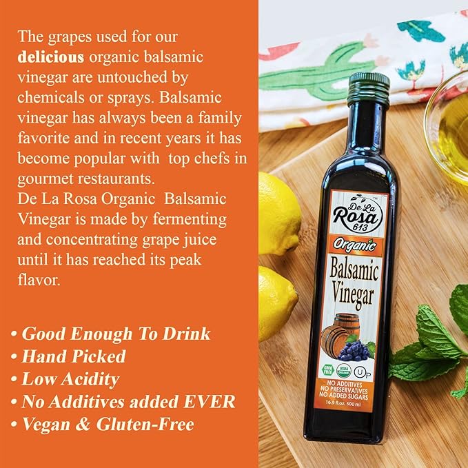 De La Rosa Organic Balsamic Vinegar, Kosher for Passover, Vegan & Gluten Free, Balsamic Vinegar Dressing for Salads and Marinades, 16.9 oz (Pack of 1)
