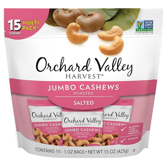 Orchard Valley Harvest Jumbo Cashews, 1 oz Bags (Pack of 15), Whole Roasted Salted Cashews, Gluten Free, No Artificial Colors, Flavors or Preservatives, Non-GMO, Snacks for Adults