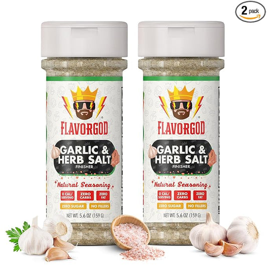 Garlic & Herb Salt Finisher, 2 Bottles by Flavor God - Premium All Natural & Healthy Spice & Seasoning Mix Blend for Chicken & Beef - Kosher & Low Sodium - Great Flavor Spices and Seasoning Gift