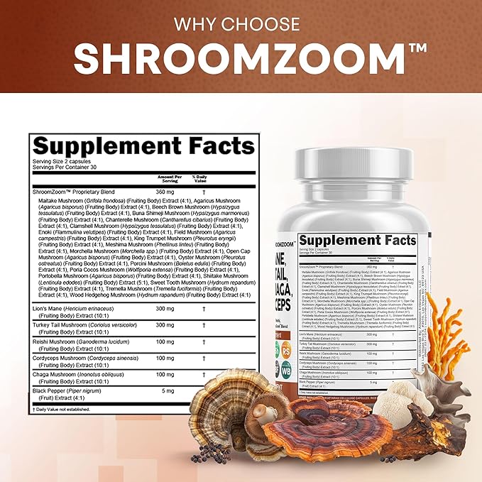 Clean Nutraceuticals Lions Mane 20in1 Mushroom Supplement with Turkey Tail Reishi Cordyceps Chaga Maitake Meshima Poria Cocos Shiitake Oyster Porcini Enoki - 1 Pack