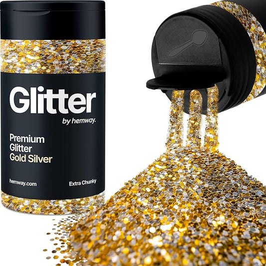 Hemway Premium Glitter Shaker - Gold Silver | Extra Chunky Metallic Flake Sequins for Resin & Epoxy Crafts | Craft Supplies for Tumblers, Festival, Hair, Face, Body, Eye & Nail Art | 115 g