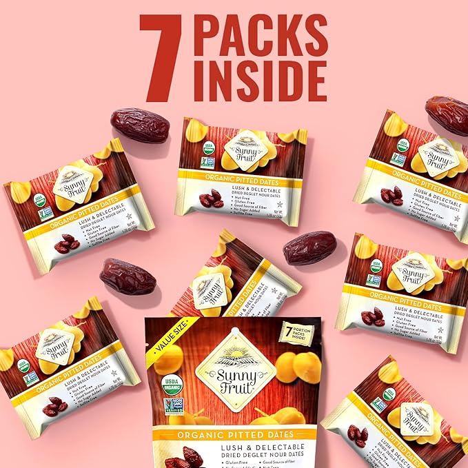 Sunny Fruit Organic Dried Pitted Deglet Nour Dates - 1 Bag (7 Individual Portion Packs) | No Preservatives, No Sugar Added | Healthy, Convenient Superfood Snack Packs | ORGANIC, NON-GMO, HALAL, KOSHER