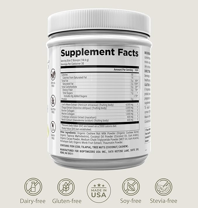 BIOptimizers Mushroom Coffee Alternative ??Chocolate Drink ??Lion?™s Mane, Chaga, Reishi + Collagen Peptides for Focus, Energy & Gut Health ??Adaptogenic Mushrooms & MCT Powder ??30 Servings