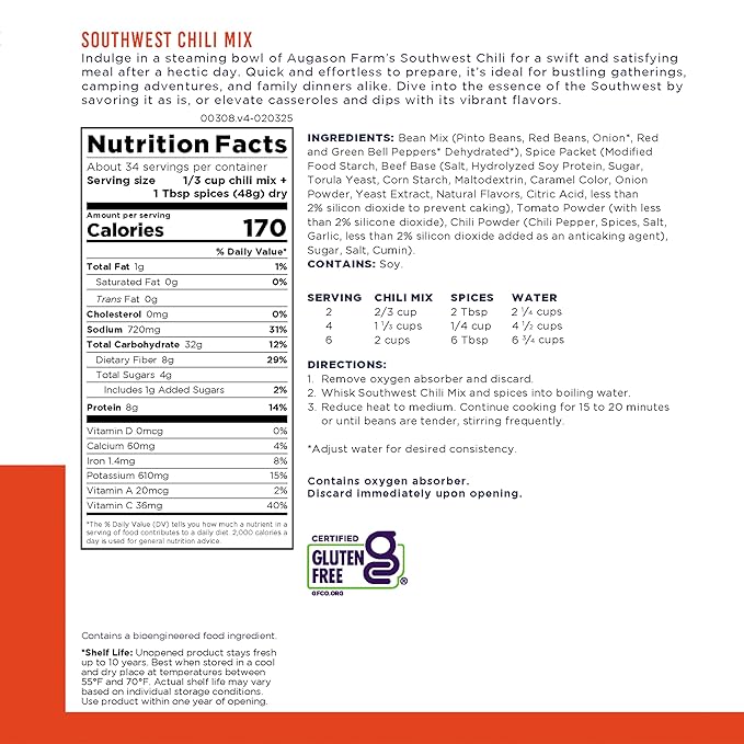 Augason Farms Southwest Chili Mix Can, Certified Gluten Free, Emergency Food Supply, Everyday Meals, 34 Servings