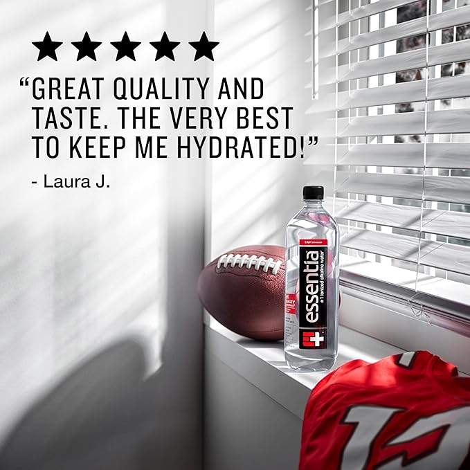 Essentia Water LLC , 99.9% Pure, Infused with Electrolytes for a Smooth Taste, pH 9.5 or Higher; Ionized Alkaline Water, Black, 42.3 Fl Oz (Pack of 12)