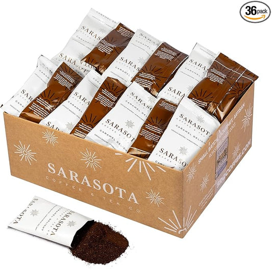 Sarasota Coffee Ground Packets | Gourmet Flavored Medium Roast Bulk Coffee Packs | Salted Caramel | Low Acid Mold Free Singles Individual Pouches for 12 Cup Coffee Maker | 2 Ounce Bags, 36 Count