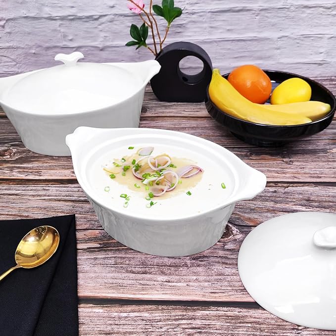 7" x 6" Ceramic Oval Casserole Dish with Lids, 30 Oz White French Serving Soup Tureens, Baking Dish with Handle 9.4 IN, for Casseroles, Cookware Set, Microwave, Oven Safe