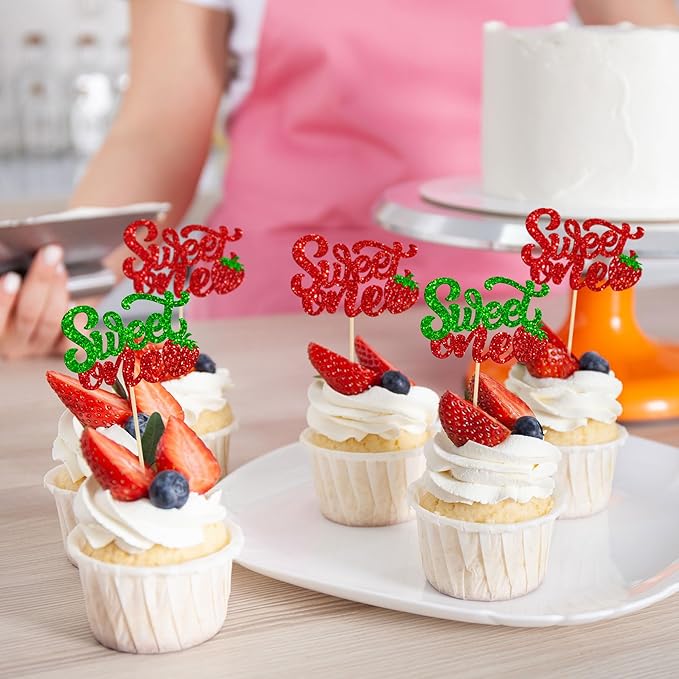24Pcs Sweet One Cupcake Toppers Glitter Strawberry Cupcake Picks for Baby Shower Boys and Girls 1st Birthday Party Fruit Strawberry Theme Party Cake Decorations Supplies