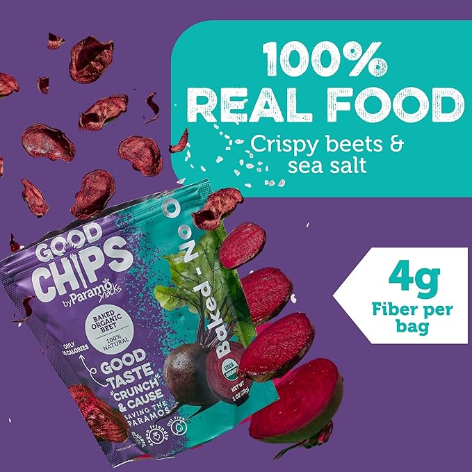 Baked Organic Beet Chips by GOOD CHIPS! 100% Natural, Oil Free, Only Two Ingredients: Organic Beets and Sea Salt. 1 oz Bags, Pack of 8