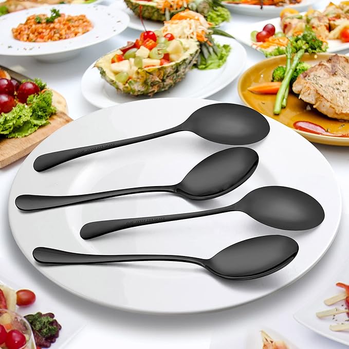 LIANYU Black Serving Spoons Set of 6, 9.8 Inch Stainless Steel Large Dinner Buffet Catering Banquet Serving Spoons, Mirror Finish, Dishwasher Safe