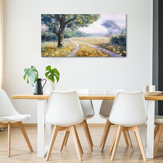 CHATYOUNG Canvas Wall Art Vintage Decor, Rustic Meadow With Wildflowers Painting Poster Prints Landscape Wall Pictures for Living Room Bedroom Bathroom Farmhouse Wall Decor 20"X40"