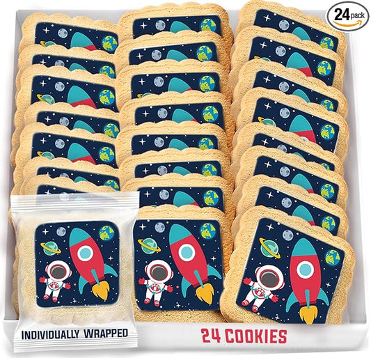 Space Themed Cookies Individually Wrapped Bulk | Outer Space Astronaut Planets Rocketship | Party Favors 24 Pack for Kids Birthday Party Decorated Sugar Cookies