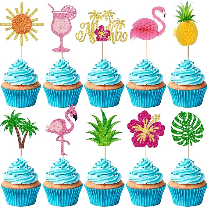 Rsstarxi 30 Pack Tropical Cupcake Toppers Glitter Flamingo Hawaiian Luau Aloha Cupcake Picks for Summer Beach Hawaiian Baby Shower Birthday Party Cake Decorations Supplies
