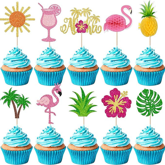 Rsstarxi 30 Pack Tropical Cupcake Toppers Glitter Flamingo Hawaiian Luau Aloha Cupcake Picks for Summer Beach Hawaiian Baby Shower Birthday Party Cake Decorations Supplies