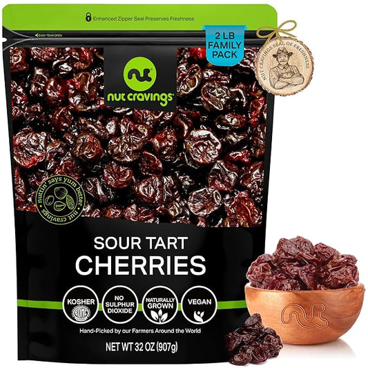NUT CRAVINGS - Sun Dried Sour Tart Cherries, Lightly Sweetened, Unsulphured (32oz, 2 LB) Bulk Dry Fruits Packed Fresh in Resealable Bag - Sweet Healthy Snack, Naturally Grown, Vegan, Kosher