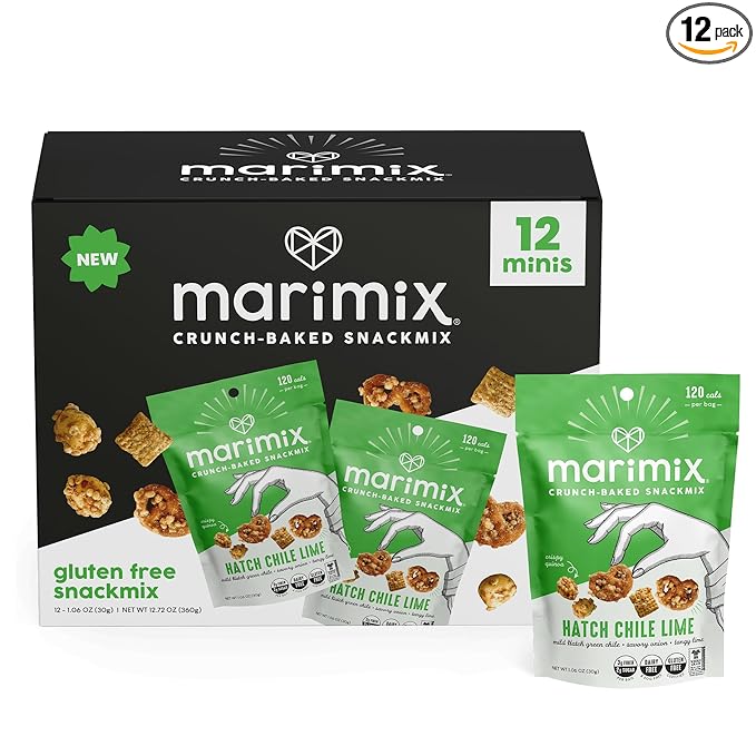 Marimix Snack Mix | Crunch Baked Sweet & Salty Savory Plant Based Naturally Gluten Free Whole Grain Fiber Charcuterie Pretzel Trail Party Mix | No Artificial Ingredients | 12 Count (Mini Hatch Chile Lime)