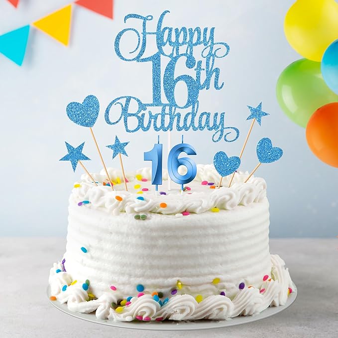 16th Birthday Cake Decorations, 16th Birthday Candles Cake Numeral Candles and Glitter Happy 16th Birthday Cake Toppers Set for Birthday Party Supplies (Blue)